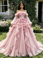 Pink Tulle Long Sleeve Off the Shoulder 3D Flower Quinceanera Dress
