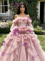 Pink Tulle Long Sleeve Off the Shoulder 3D Flower Quinceanera Dress