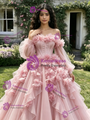 Pink Tulle Long Sleeve Off the Shoulder 3D Flower Quinceanera Dress