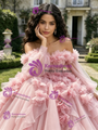 Pink Tulle Long Sleeve Off the Shoulder 3D Flower Quinceanera Dress