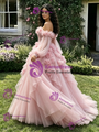 Pink Tulle Long Sleeve Off the Shoulder 3D Flower Quinceanera Dress