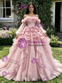 Pink Tulle Long Sleeve Off the Shoulder 3D Flower Quinceanera Dress