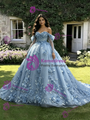 Blue Tulle Appliques Long Sleeve Quinceanera Dress