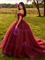 Burgundy Tulle Appliques Quinceanera Dress