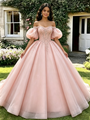Pink Tulle Off the Shoulder Puff Sleeve Quinceanera Dress
