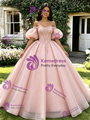 Pink Tulle Off the Shoulder Puff Sleeve Quinceanera Dress