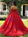 Red Tulle Strapless Long Sleeve Beading Quinceanera Dress