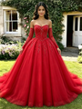 Red Tulle Strapless Long Sleeve Beading Quinceanera Dress