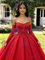 Red Tulle Strapless Long Sleeve Beading Quinceanera Dress