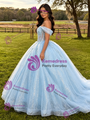 Blue Tulle Off the Shoulder Appliques Quinceanera Dress