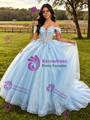 Blue Tulle Off the Shoulder Appliques Quinceanera Dress