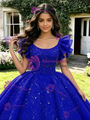 Blue Tulle Sequins Straps Quinceanera Dress