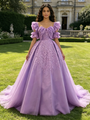 Purple Tulle Short Sleeve Appliques Quinceanera Dress