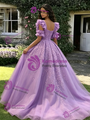 Purple Tulle Short Sleeve Appliques Quinceanera Dress