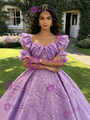 Purple Tulle Short Sleeve Appliques Quinceanera Dress