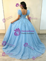 Blue Tulle Appliques Quinceanera Dress