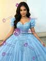 Blue Tulle Appliques Quinceanera Dress