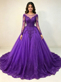 Purple Tulle Long Sleeve Appliques Quinceanera Dress