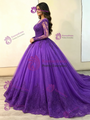 Purple Tulle Long Sleeve Appliques Quinceanera Dress