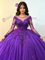 Purple Tulle Long Sleeve Appliques Quinceanera Dress