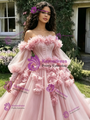Pink Tulle Long Sleeve 3D Flower Quinceanera Dress