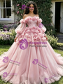 Pink Tulle Long Sleeve 3D Flower Quinceanera Dress