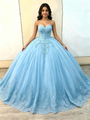 Fashion Blue Tulle Strapless Appliques Quinceanera Dress
