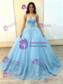 Fashion Blue Tulle Strapless Appliques Quinceanera Dress