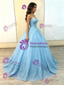 Fashion Blue Tulle Strapless Appliques Quinceanera Dress