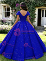 Blue Sequins V-Neck Cap Sleeve Quinceanera Dress