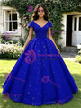Blue Sequins V-Neck Cap Sleeve Quinceanera Dress