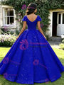 Blue Sequins V-Neck Cap Sleeve Quinceanera Dress
