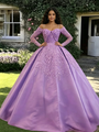 Purple Long Sleeve Straps Lace Appliques Quinceanera Dress