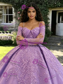 Purple Long Sleeve Straps Lace Appliques Quinceanera Dress