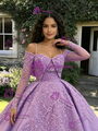 Purple Long Sleeve Straps Lace Appliques Quinceanera Dress