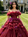 Burgundy Tulle Off The Shoulder 3D Flower Quinceanera Dress