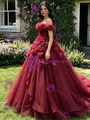 Burgundy Tulle Off The Shoulder 3D Flower Quinceanera Dress