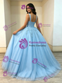 Blue Tulle Straps Lace Appliques Quinceanera Dress