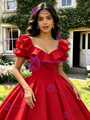Red Square Neck Puff Sleeve Quinceanera Dress