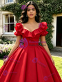 Red Square Neck Puff Sleeve Quinceanera Dress