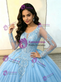 Ligh Blue Scoop Neck Tulle Appliques Quinceanera Dress