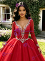Red Tulle V-Neck Long Sleeve Quinceanera Dress
