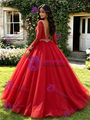 Red Tulle V-Neck Long Sleeve Quinceanera Dress