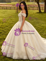 Champagne Tulle Appliques Off The Shoulder Quinceanera Dress