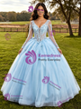 Light Blue Tulle Long Sleeve Appliques Quinceanera Dress