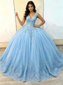 Blue Tulle V-Neck Appliques Quinceanera Dress