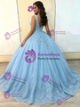 Blue Tulle V-Neck Appliques Quinceanera Dress