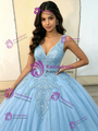 Blue Tulle V-Neck Appliques Quinceanera Dress