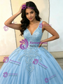 Blue Tulle V-Neck Appliques Quinceanera Dress