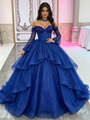 Blue Tulle Long Sleeve Beading Quinceanera Dress